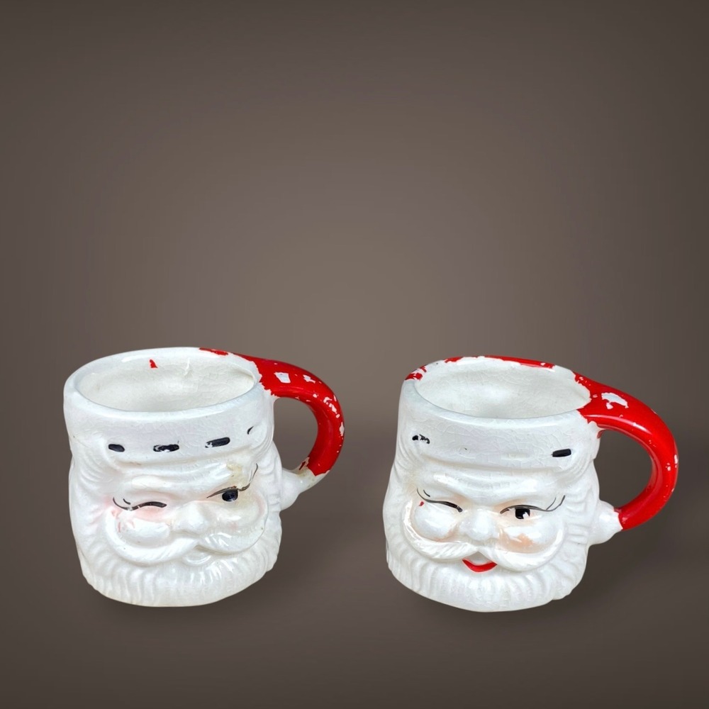 Santa Face Christmas MINI Mugs Pair Japan Ceramic Red Handle Winking Style‎